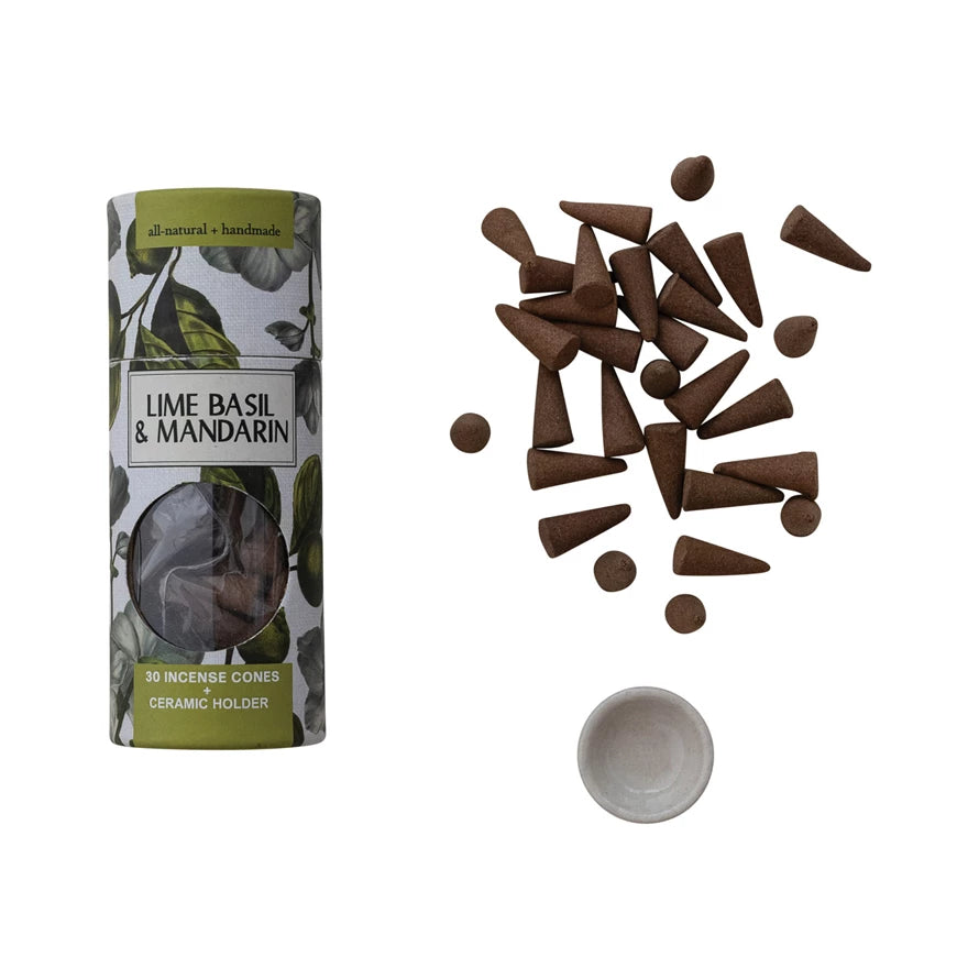 30 Piece Lime Basil & Mandarin Scented Incense Cones with Holder