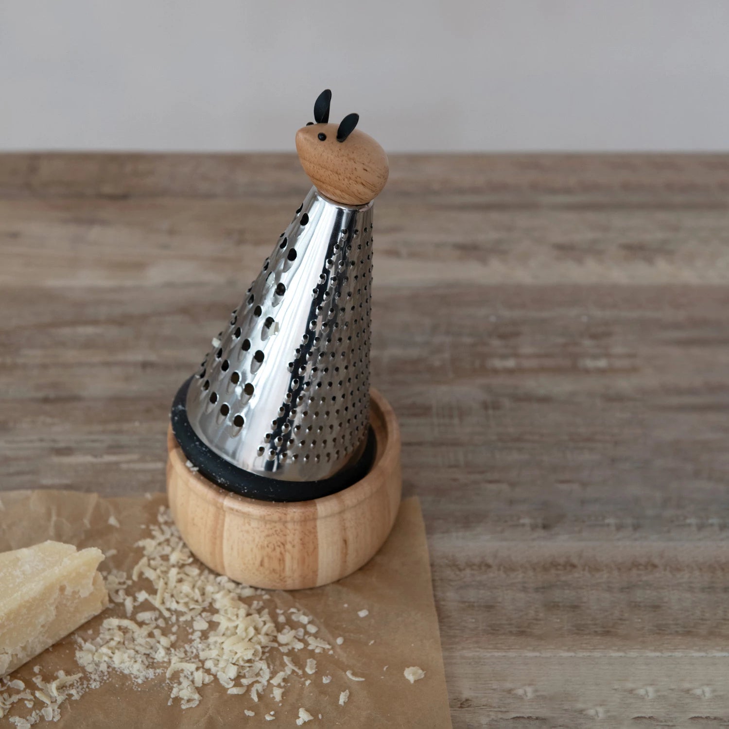 Stainless Steel 3-Sided Grater w/ Mouse Handle & Rubberwood Base