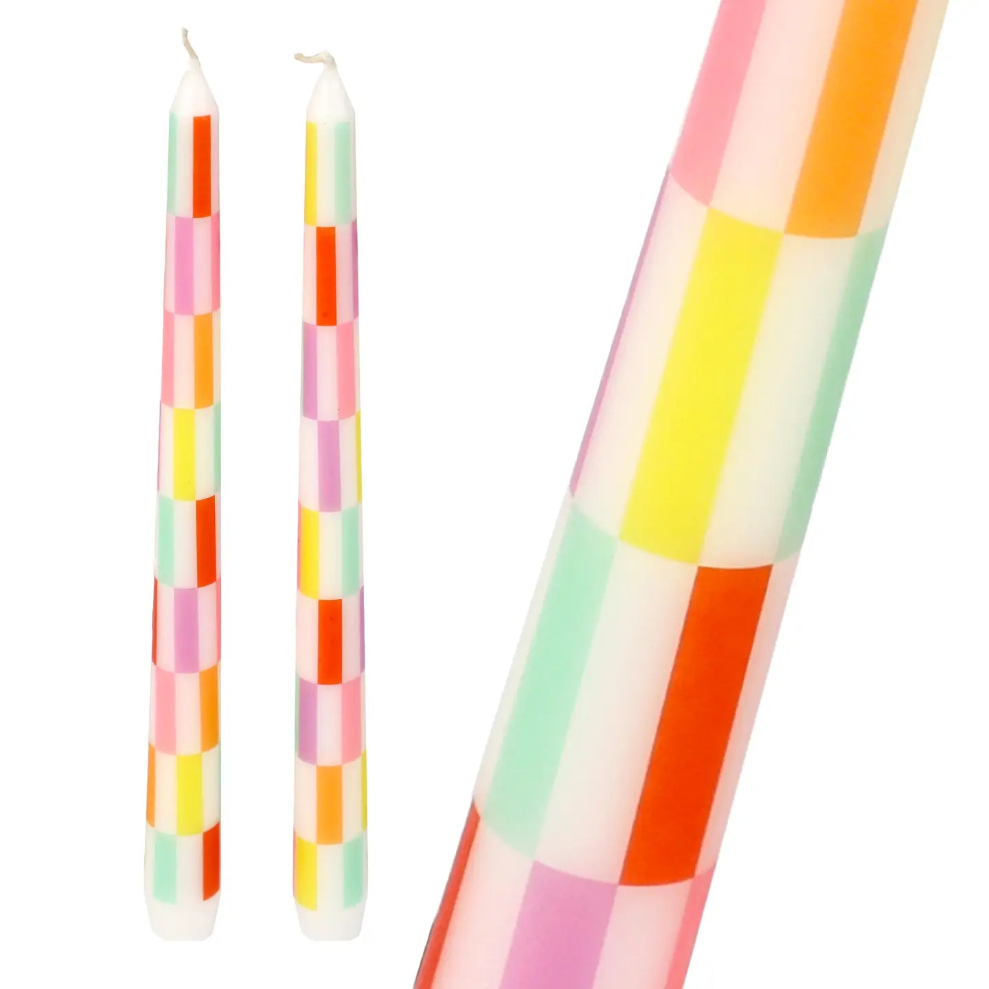 Multi Colored Check Taper Dinner Candles