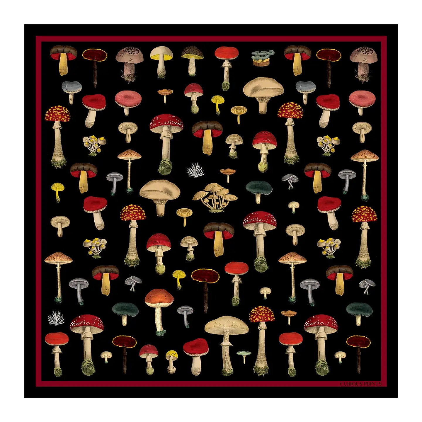 100% Silk Scarf Vintage Black Mushroom Bandana 17x17