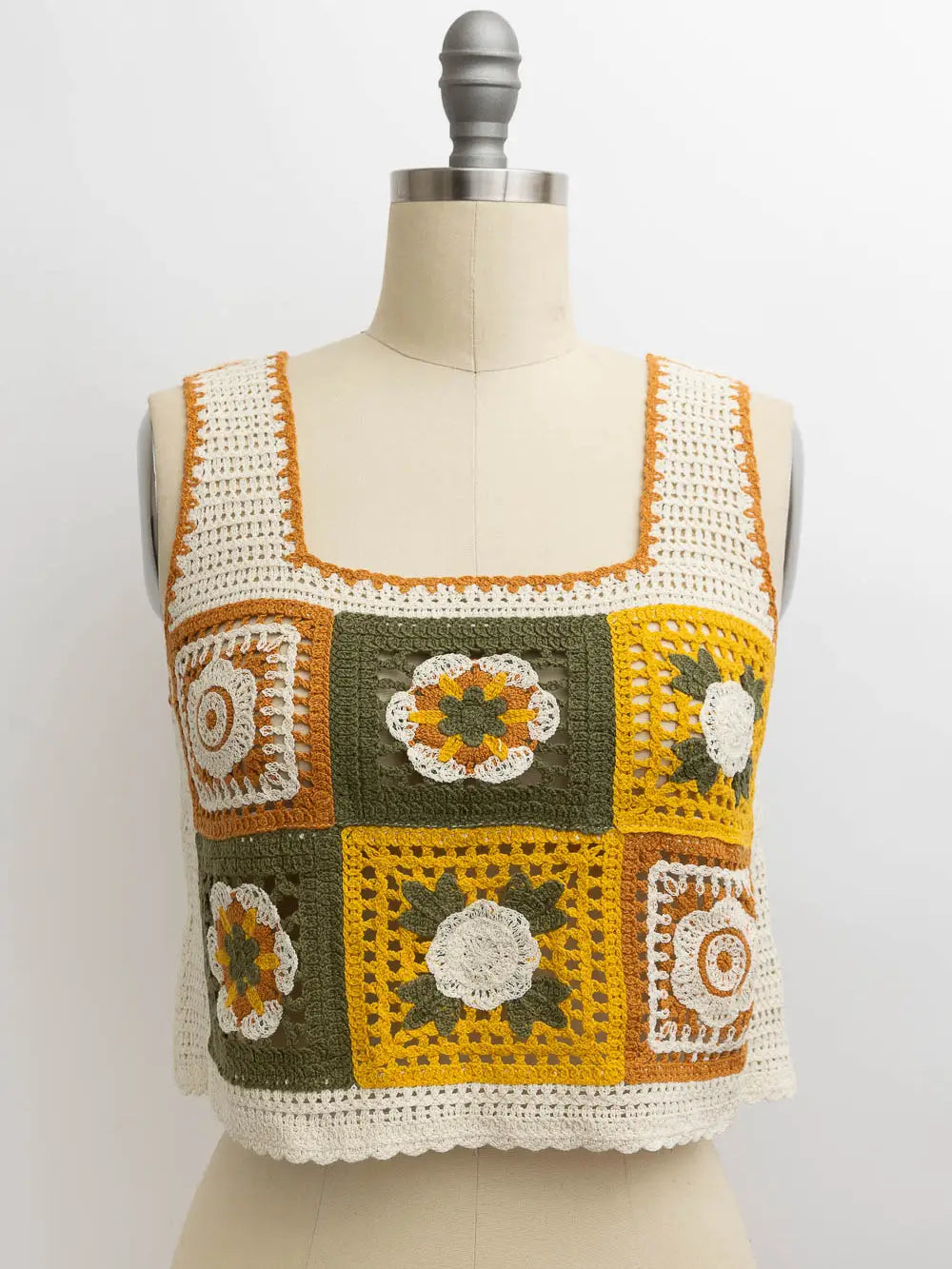 Embroidered Floral Mosaic Crochet Top Mustard