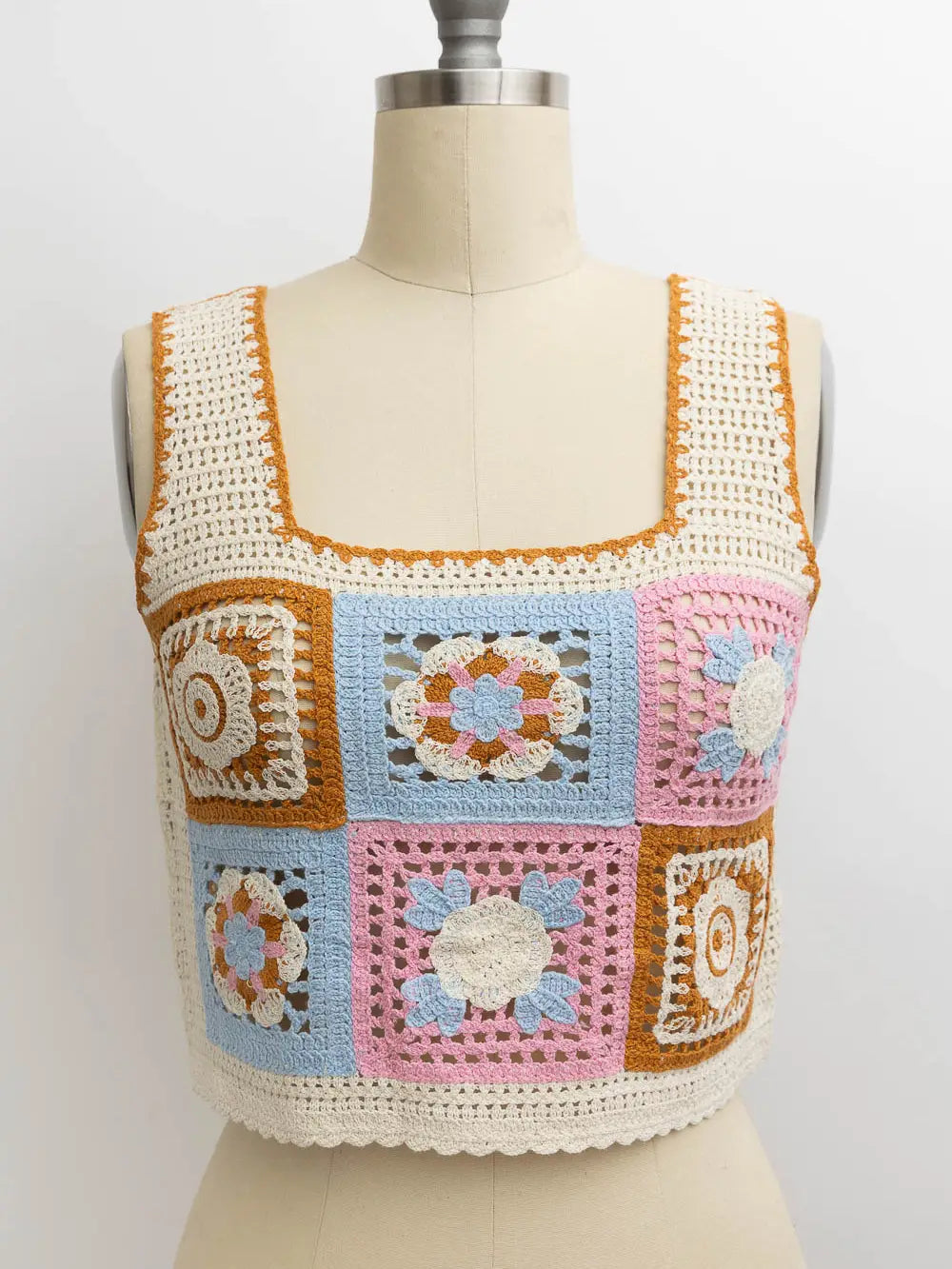Embroidered Floral Mosaic Crochet Top Pink