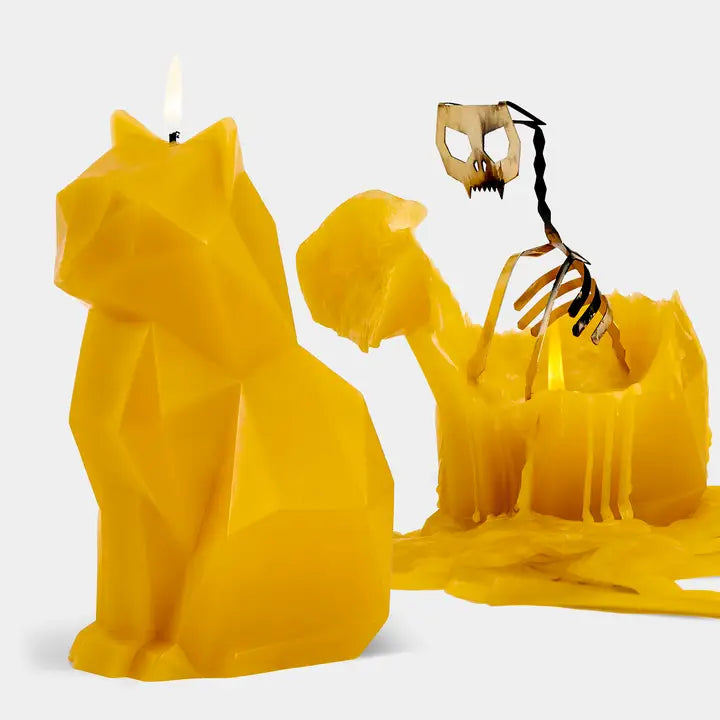 Pyropet Kisa Cat Skeleton Candle - 7" Tall, Mustard Yellow