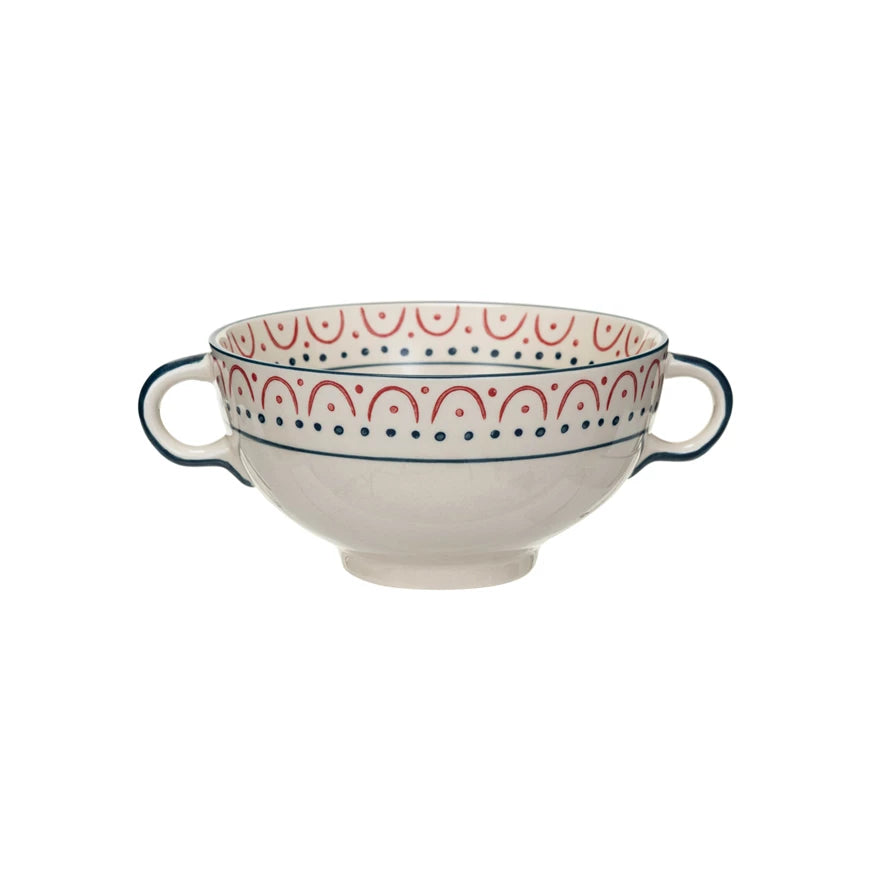 Stoneware Bowl w/ Handles & Pattern