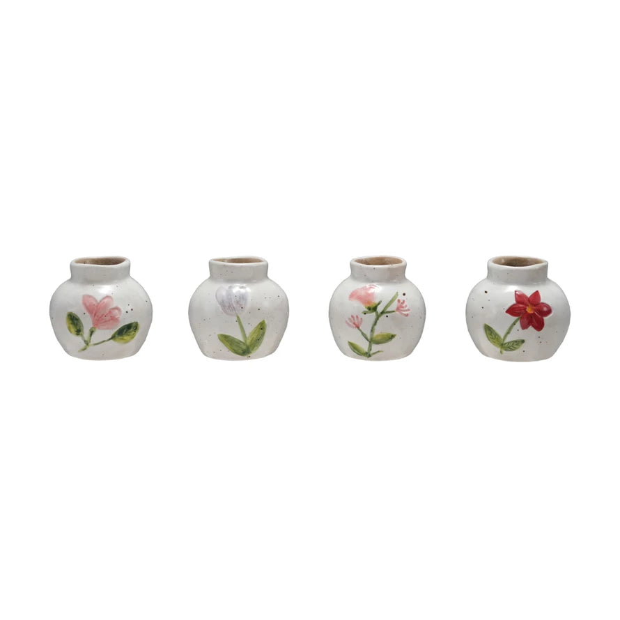 Hand-Painted Stoneware Vase with Flower, 4 Styles