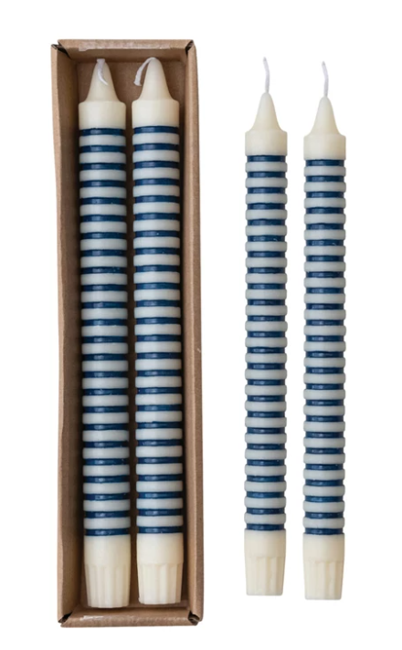 Unscented Striped Taper Candles in Box, Blue, Set of 2
