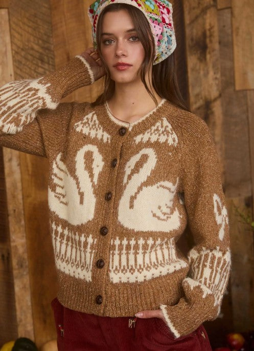 Swan Jacquard Button Down Long Sleeve Cardigan
