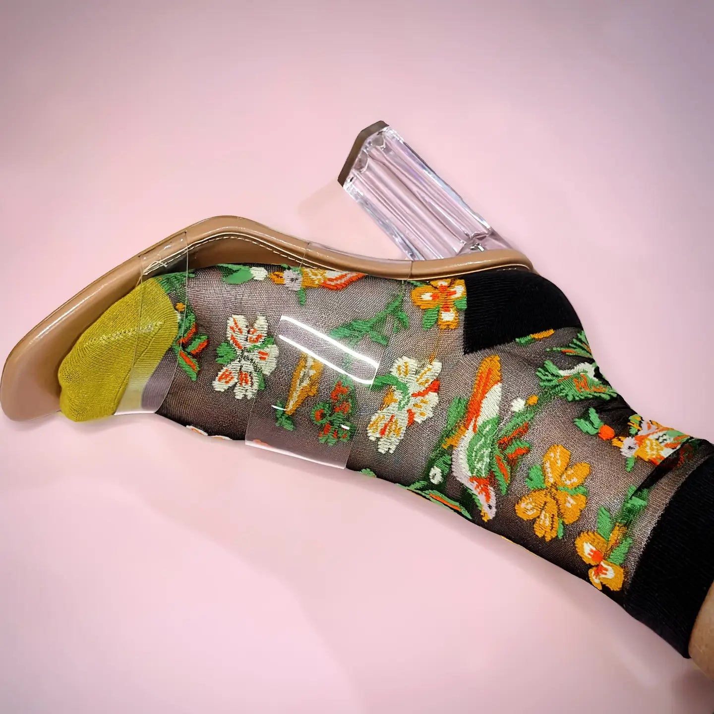 Tropical Mesh Print Crew Sock - Floral Fauna Parrot