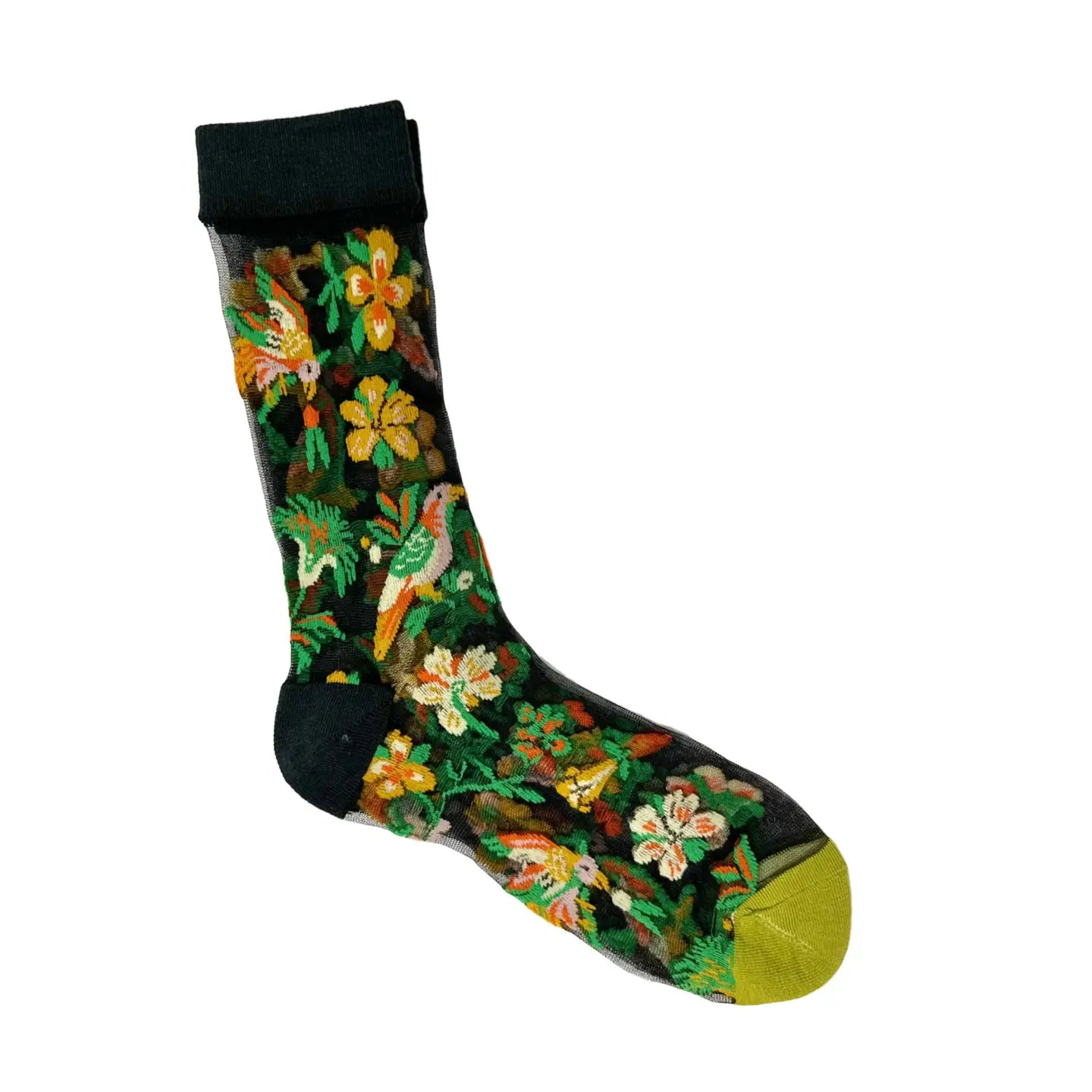 Tropical Mesh Print Crew Sock - Floral Fauna Parrot