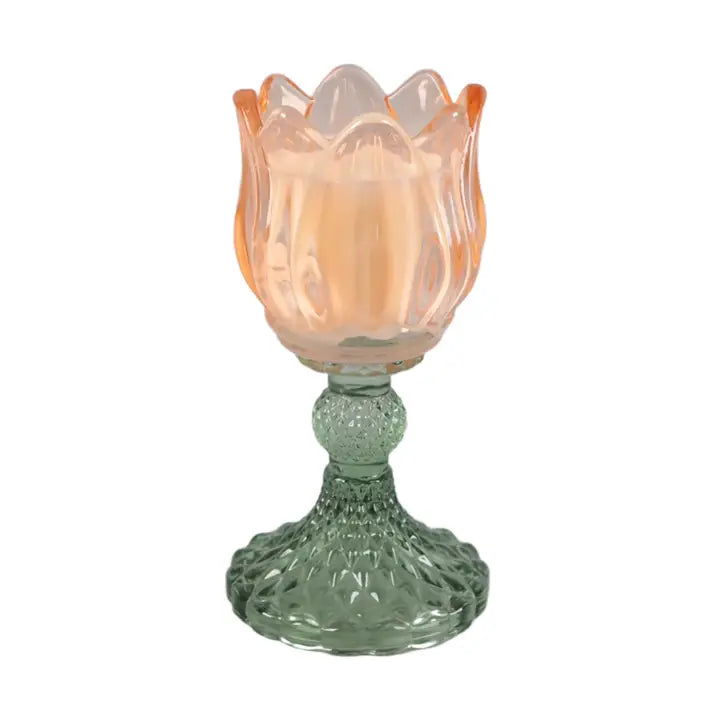 Iridescent Tulip Pedestal Glass Candle Peony Cloud