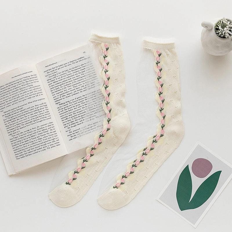 Rufia - Ultra-Thin Tulip Floral Socks Ginger