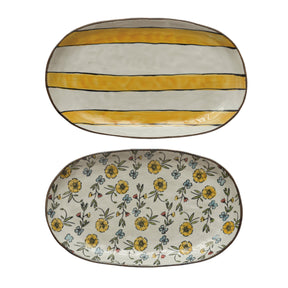 Floral & Striped Hand Painted Stoneware Platter